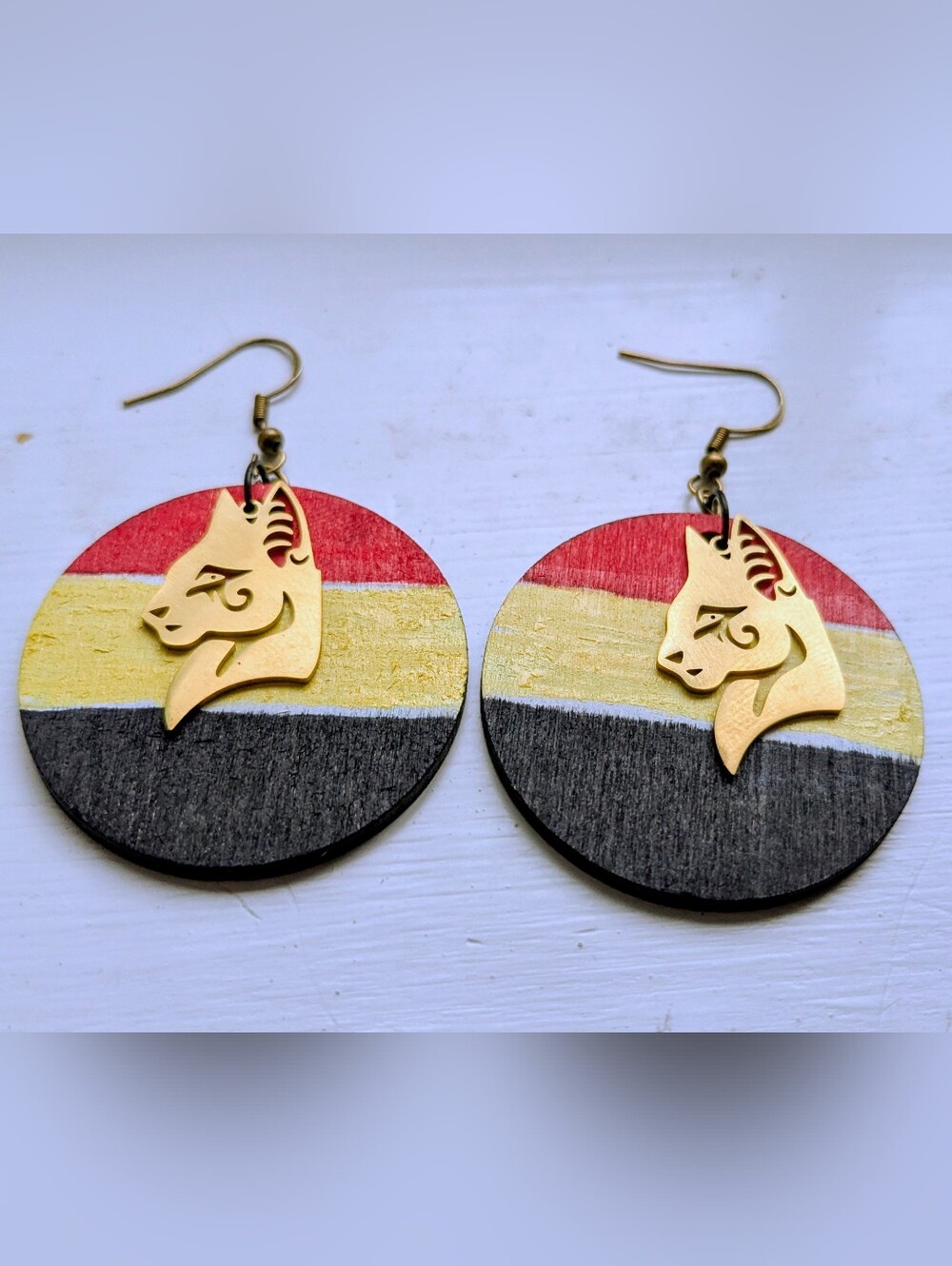 Hand Painted Wooden Round Earrings with Gold Egyptian Sphinx Cat Accents